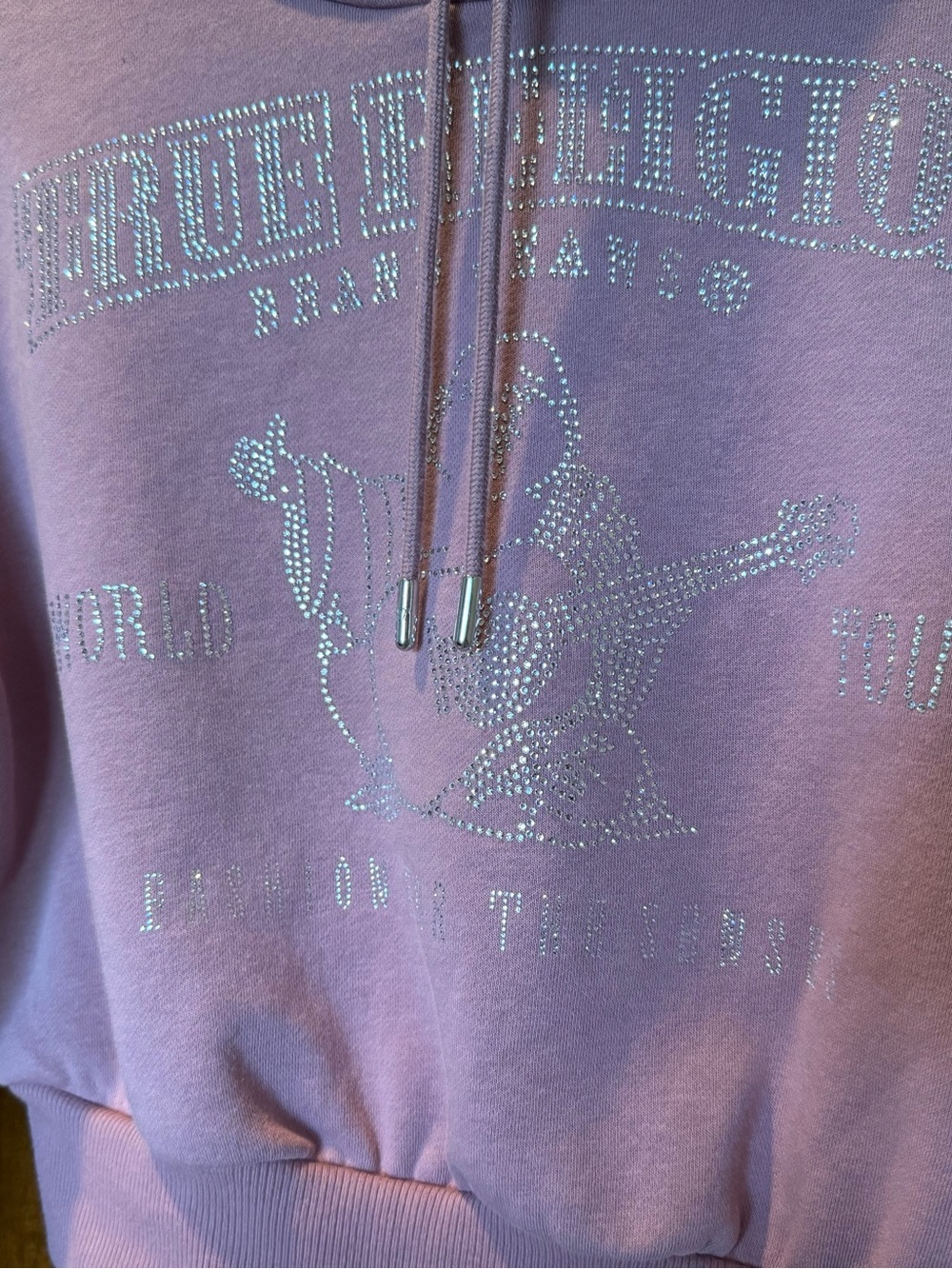 True Religion Dusty Rose Crystal Rhinestone Cropped Pullover Hoodie Shrunken - Picture 3 of 11